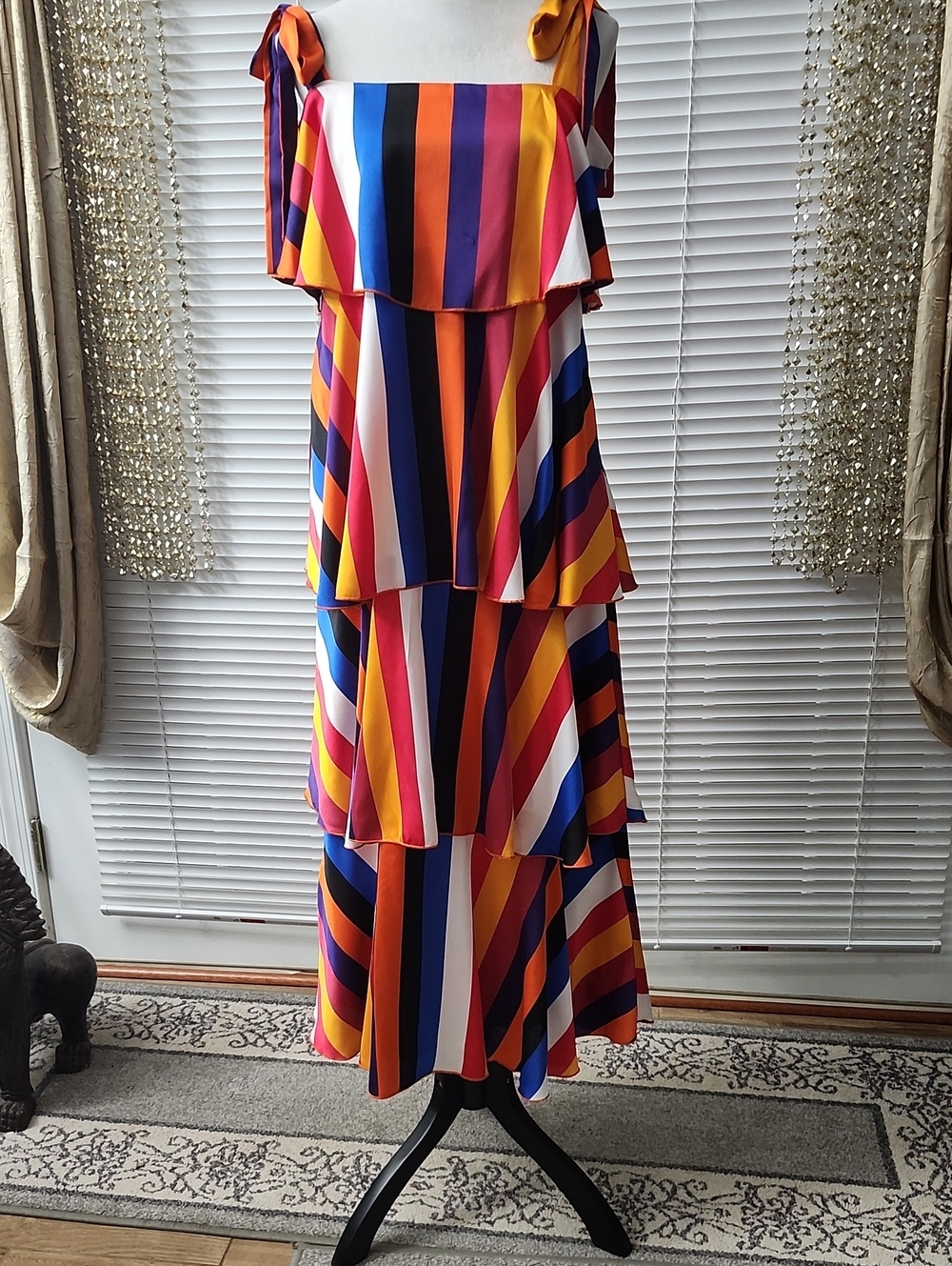Tiered Midi Dress with Multicolor Stripes